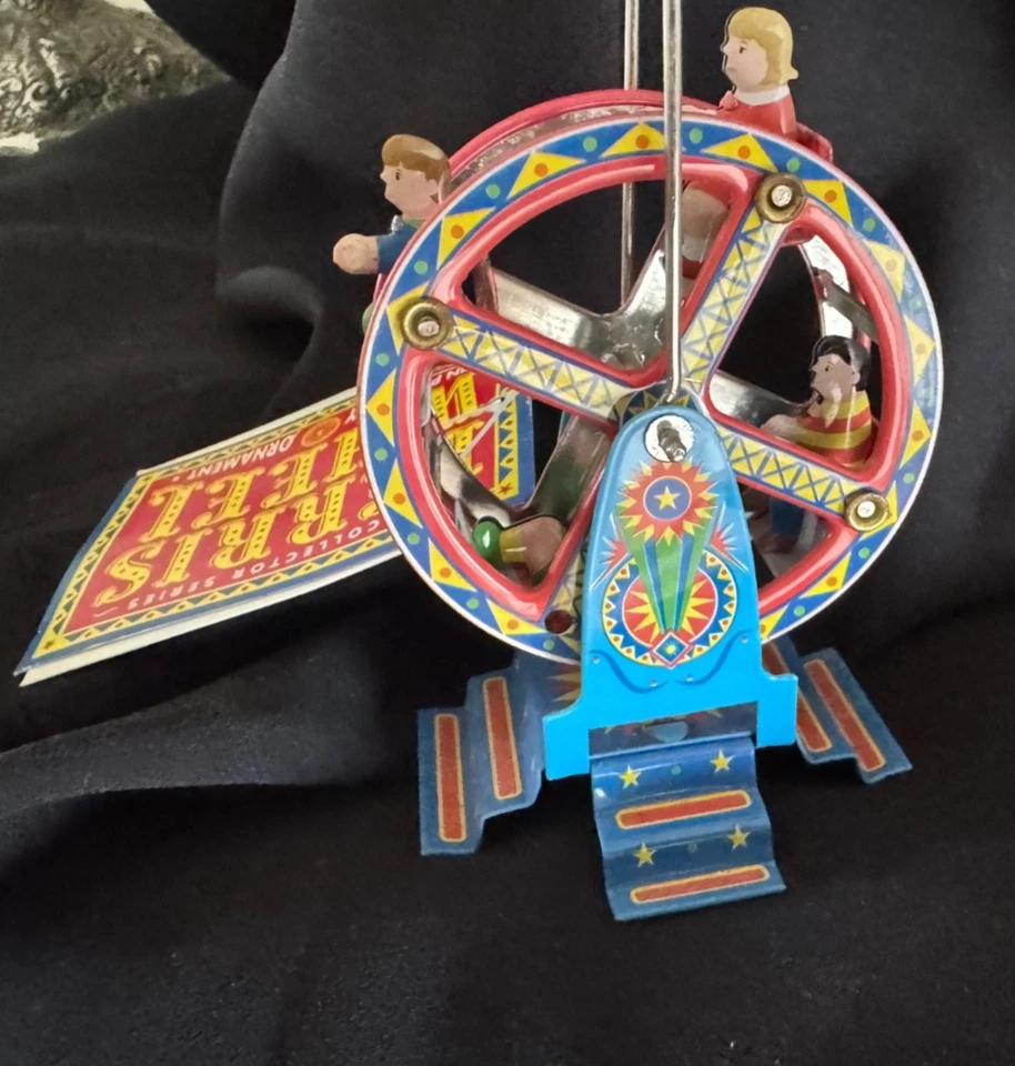 Vintage Schylling Ferris Wheel Carnival Ride Litho  Tin Toy w Tags - Image 2 of 4