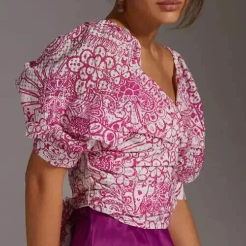 Anthropologie Maeve size LG Cropped Top Puff Sleeve Pink White floral tie back - Picture 1 of 11