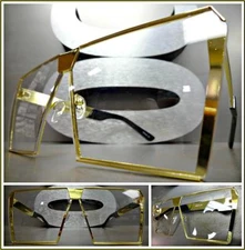 OVERSIZE VINTAGE RETRO SHIELD Style Flat Clear Lens EYE GLASSES Gold Metal Frame