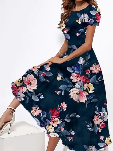 NEW Women's Dress Graphic Flower XL Pockets Maxi Crew Neck Short Sleeve Maxi