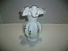Fenton White Ruffled Top Vase Purple Flowers 6" Tall D Anderson