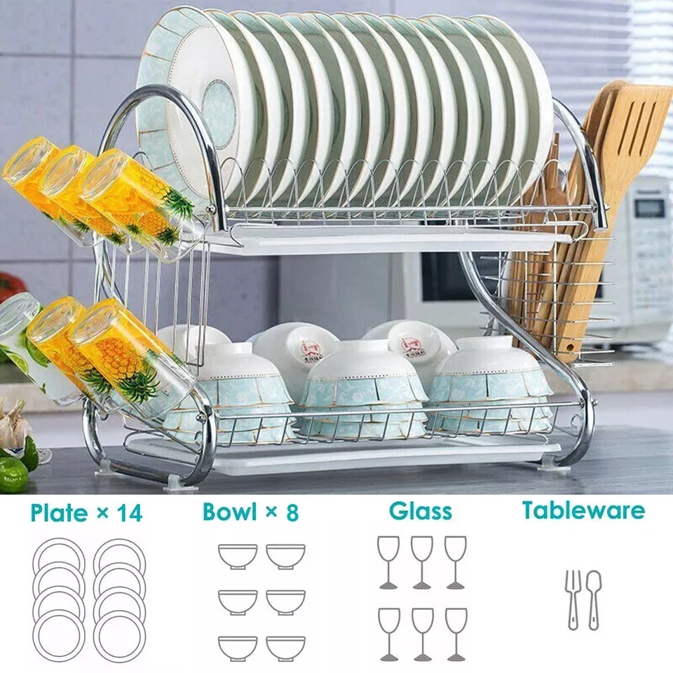 2 tier Dish Drying Rack Drainer Cup Plate Holder Cutlery Tray Kitchen Organizer - image 2 of 4