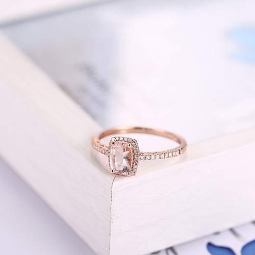 Anello matrimonio diamante impeccabile cuscino morganite rosa 7x5 mm oro rosa massiccio 18 kt - Foto 7 di 10