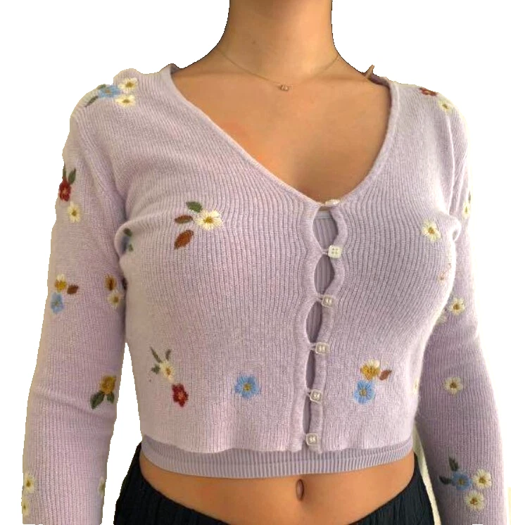 Cárdigan Zara Floral Bordado Crop Lila Boho Lana Mezcla Alpaca Cuello en V Talla S