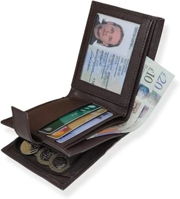 Mens RFID Real Leather Wallet With Zip Coin Pocket Pouch And ID Window 44 Brown