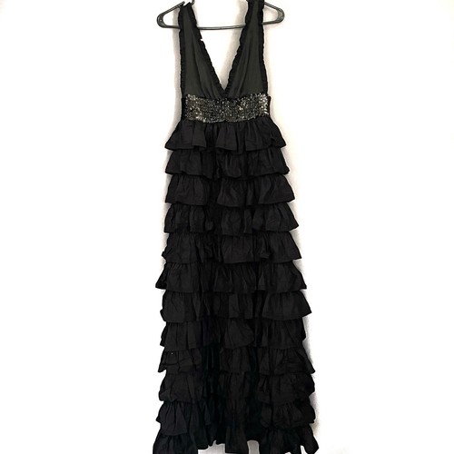 MANOUSH Tiered Ruffle Deep V neck Dress Black Size 8 floor length - Picture 2 of 13