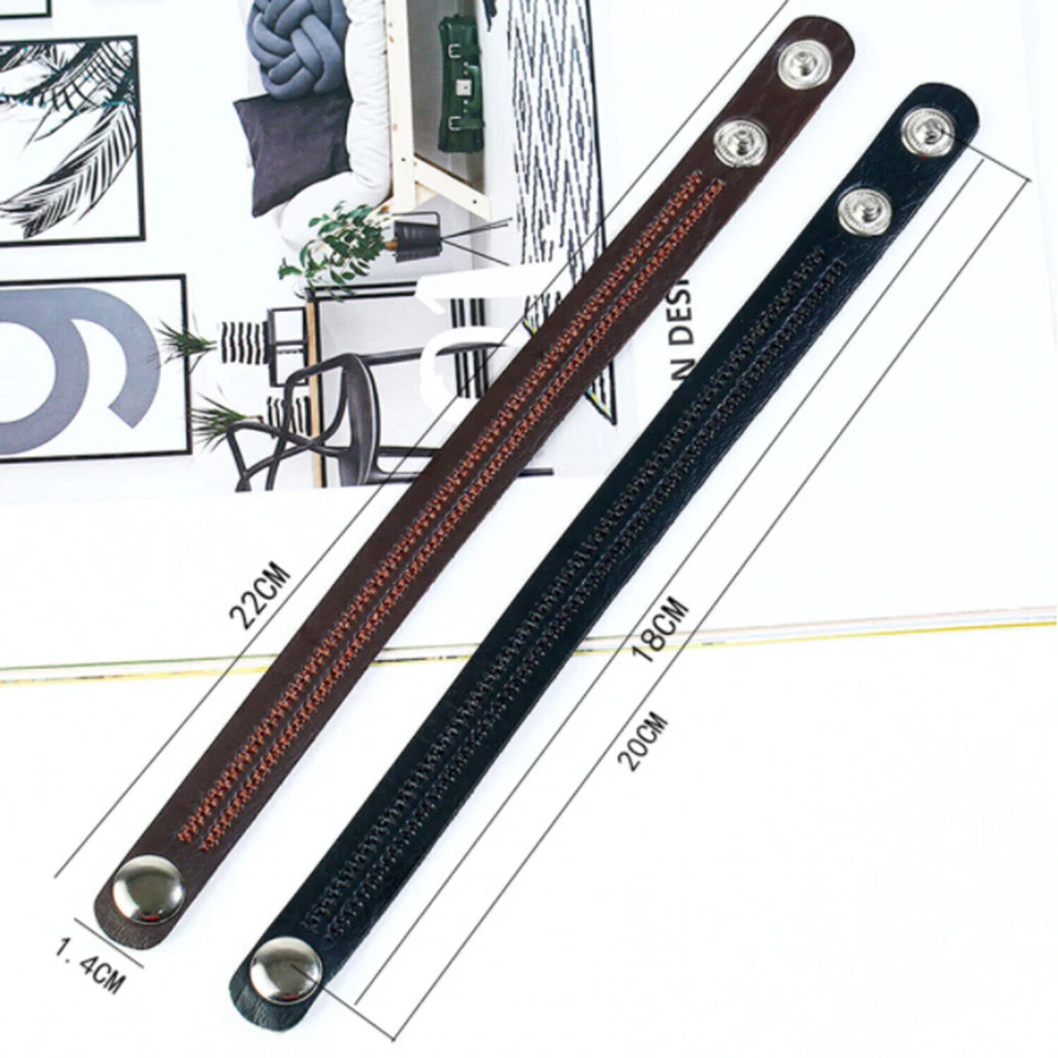 Bracciale Uomo Donna Pelle/Cuoio Ricamato da Polso Braccialetto Nero/Marrone - Immagine 2 di 3