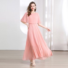 Womens New Pleated Dress Slim Fit Banquet Dress Long Crew Neck Office Casual