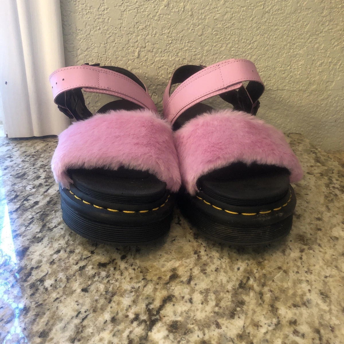 Dr. Martens Doc Voss Fluffy Pink Fuzzy Sandals Flats Flatforms