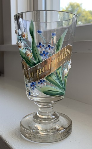 Victorian Hand Painted Enamel Bohemian Czeck Glass Goblet Wine Floral Memorial - Picture 3 of 23