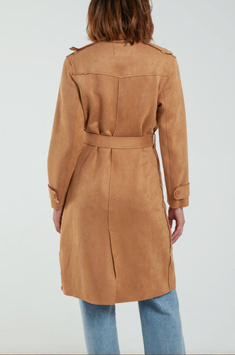 New Women Tan Faux Suede Cut Raw Edge Lightweight Trench Coat & Belt. UK S M L - Picture 6 of 9