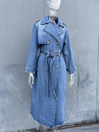 Denim Trench Coats Women Belt On Jean Coats Ladies Blue Jean Jacket Woman - 第 3/10 張圖片