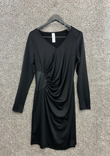 Black Draped Dress Long Sleeve Little Black Dress Faux Wrap Stretch Women's L