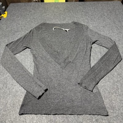 Twelfth Street Cynthia Vincent L 100% Cashmere Deep V Longsleeve Top Gray Preppy