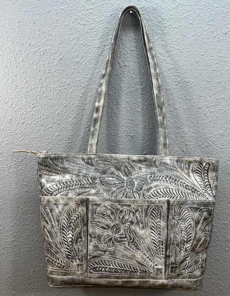 Leaders in Leather Tooled Gray Tote Shoulder Bag Western Boho Cowgirl Rodeo - Image 3 of 4