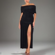 Maxi Bardot Dress Womens XS Black Off Shoulder Ruched Slinky Lined Party Formal