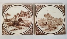 Two Superb 6" Victorian Art Pottery Landscape Tiles C1880 - Minton interest