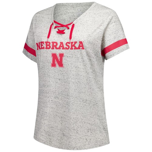 Women's Fanatics Heather Gray Nebraska Huskers Plus Size Lace-Up V-Neck T-Shirt - Bild 2 von 3