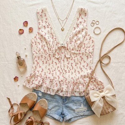 Wild Fable Floral Tank Top Womens M Cream New Lace Trim Ruffle Hem Sleeveless