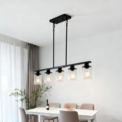 37'' Black Pendant Light 5 Lights Clear Glass Metal Height Adjustable Chandelier