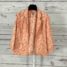 Chico s Linen Blend Blazer Orange White Print Lightweight Jacket Size 2 Large