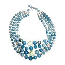 Vintage Blue Faux Pearls and Glass Beads Three Strands Necklace Made In Japan