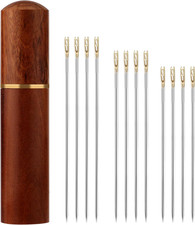 12pcs Self Threading Sewing Needles Stainless Steel Side Hole w/Wood Box
