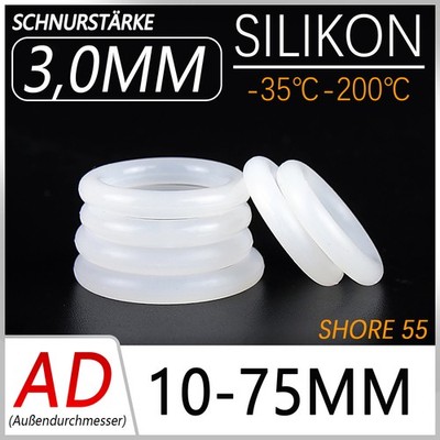 Lebensmittelecht Silikon Dichtung O-Ring 3,0mm Schnurstärke, 4mm - 69mm Innen Ø