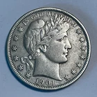 1901-S US 50C Silver Barber Half Dollar Coin, Key Date Coin