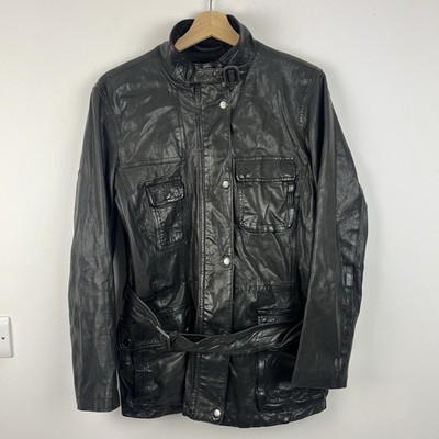 Gap Jacke Damen Medium schwarz Leder Biker Gürtel Reißverschluss Utility Taschen