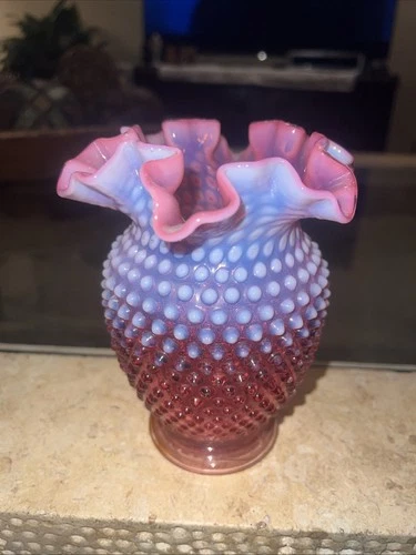 Vintage Fenton Cranberry Opalescent Hobnail Vase 6" Double Crimped See All Pics!