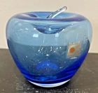 Blue Blenko Glass Apple w/Clear Stem Handmade Paperweight w/Sticker 4" x 4"
