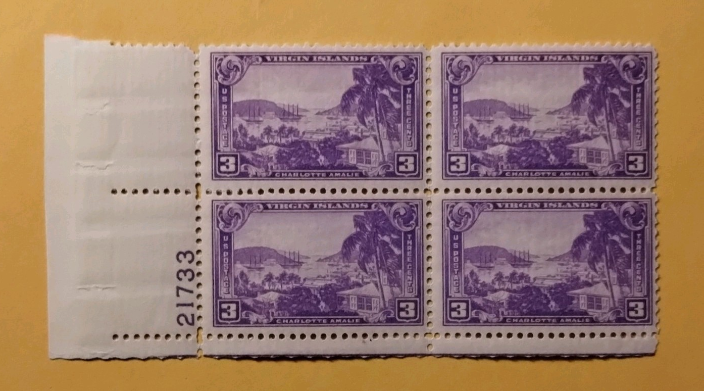 United States Virgin Islands 3¢ Purple Charlotte Amalie Plate Block of 4 MNH