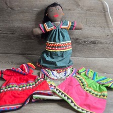 Handmade Cloth Doll Ethnic Folk Art Fabric Doll Embroidered Yarn Hair 3 Dresses