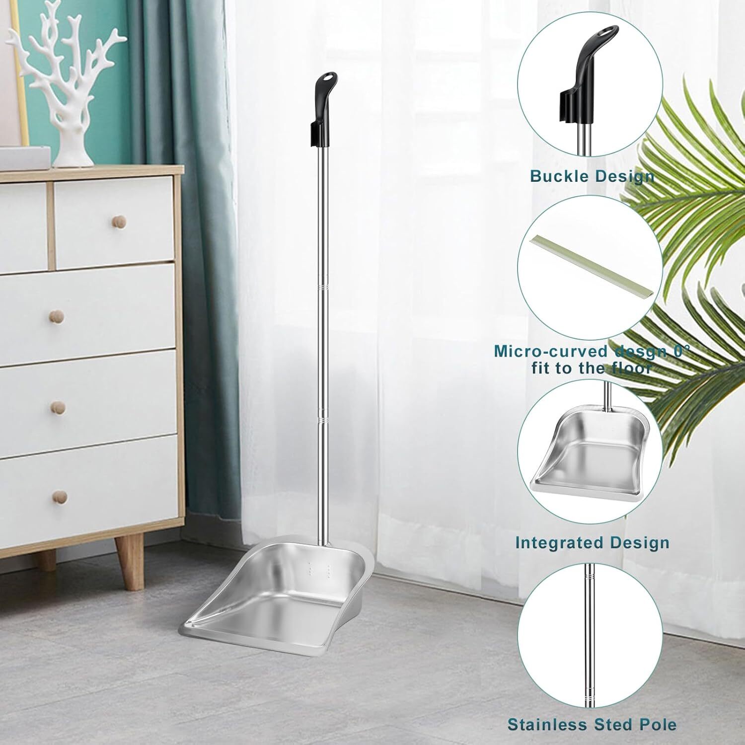 Dust Pans with Long Handle - 35”Heavy Duty Metal Upright Stand up Dustpan - Long