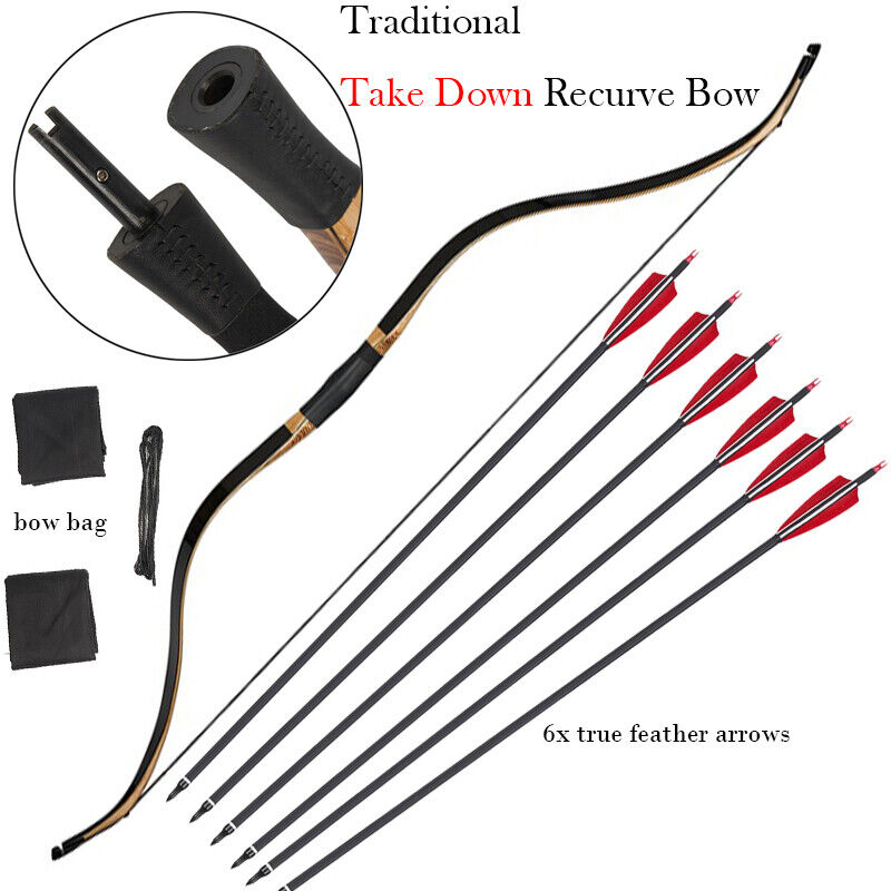 Traditional Take Down Archery Recurve Bow 25-50lbs Longbow & True Feather Arrows