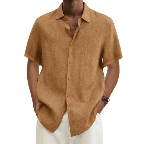 Camisa de vestir suelta con botones de manga corta de algodón y lino para hombre - Imagen 7 de 33