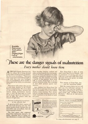 1926 Grape Nuts Cereal Vintage Print Ad Danger Signals Of Malnutrition