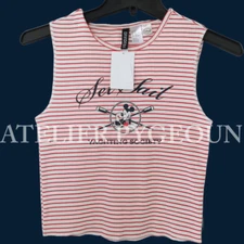 NWT H&M Fitted 100% Cotton Mickey Mouse Print Tank-Top Striped Red/White XS, S
