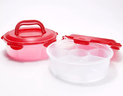 2 LocknLock Round Snack  Appetizer Trays Food Containers with Lids K68409 RED