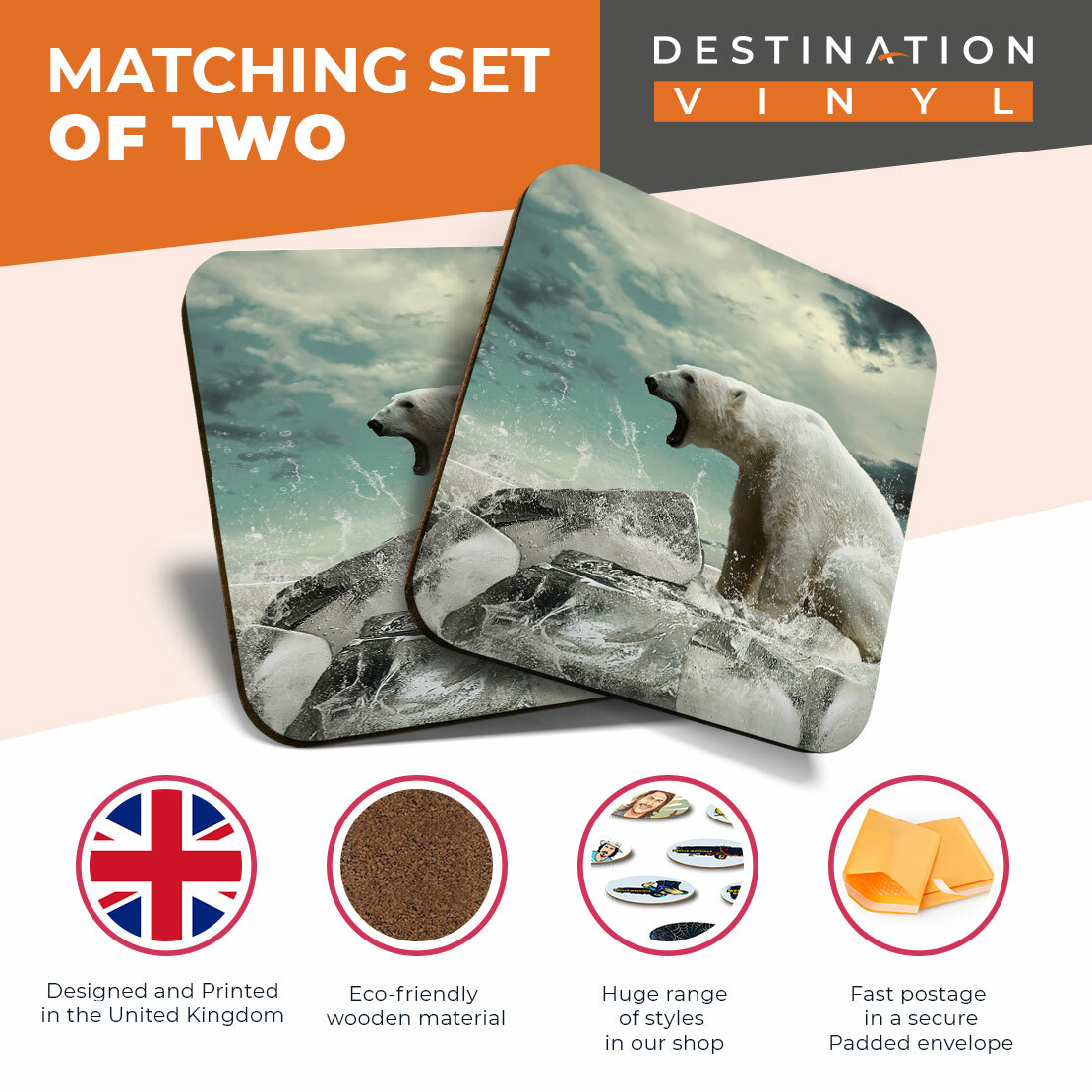 2 x Coasters - Angry Polar Bear Print Scary Animals Home Gift