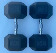 BRAND NEW 70LB PAIR OF RUBBER COATED HEX DUMBBELLS WEIGHTS FOR COMMERCIAL GYM