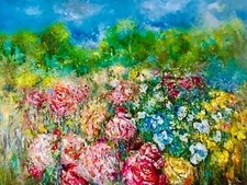 Blooming gardens original textured oil painting on large canvas