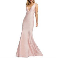Mac Duggal Ieena 26273 Plunge Neck Lace-Up Back Satin Trumpet Gown, Blush, 6