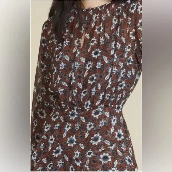 Vestido Verónica Barba Seda Floral Midi Talla 00 Marrón Dobladillo Asimétrico Ajuste Acampanado Foto 4 de 4