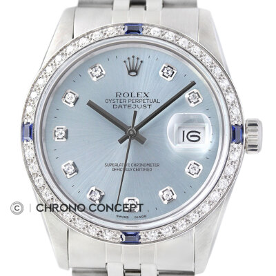 Rolex Datejust Ice Blue Diamond Sapphire 18K White Gold & SS Steel Watch 16014