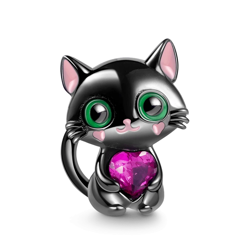 New GNOCE Black Cat Embraces Red Heart Gemstone Charm Bead