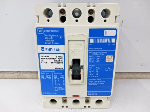 CUTLER HAMMER 15 AMP CIRCUIT BREAKER 3 POLE 480 VAC / 250 VDC 14kA EHD3015