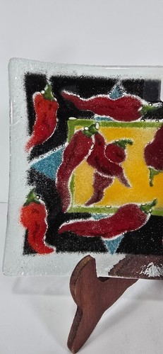 9.5"x5.5" Peggy Karr Art Fused Glass Red Hot Chili Peppers Rectangle Plate Dish - Picture 2 of 7
