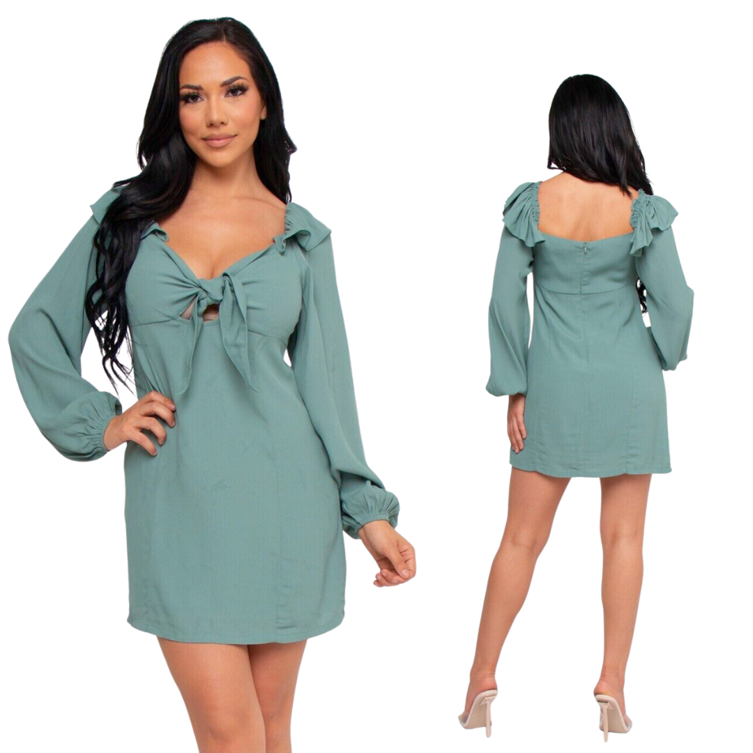 Audrey 3+1 Womens Tie Knot Front Balloon Sleeve Ruffle Mini Dress Sage  Green New